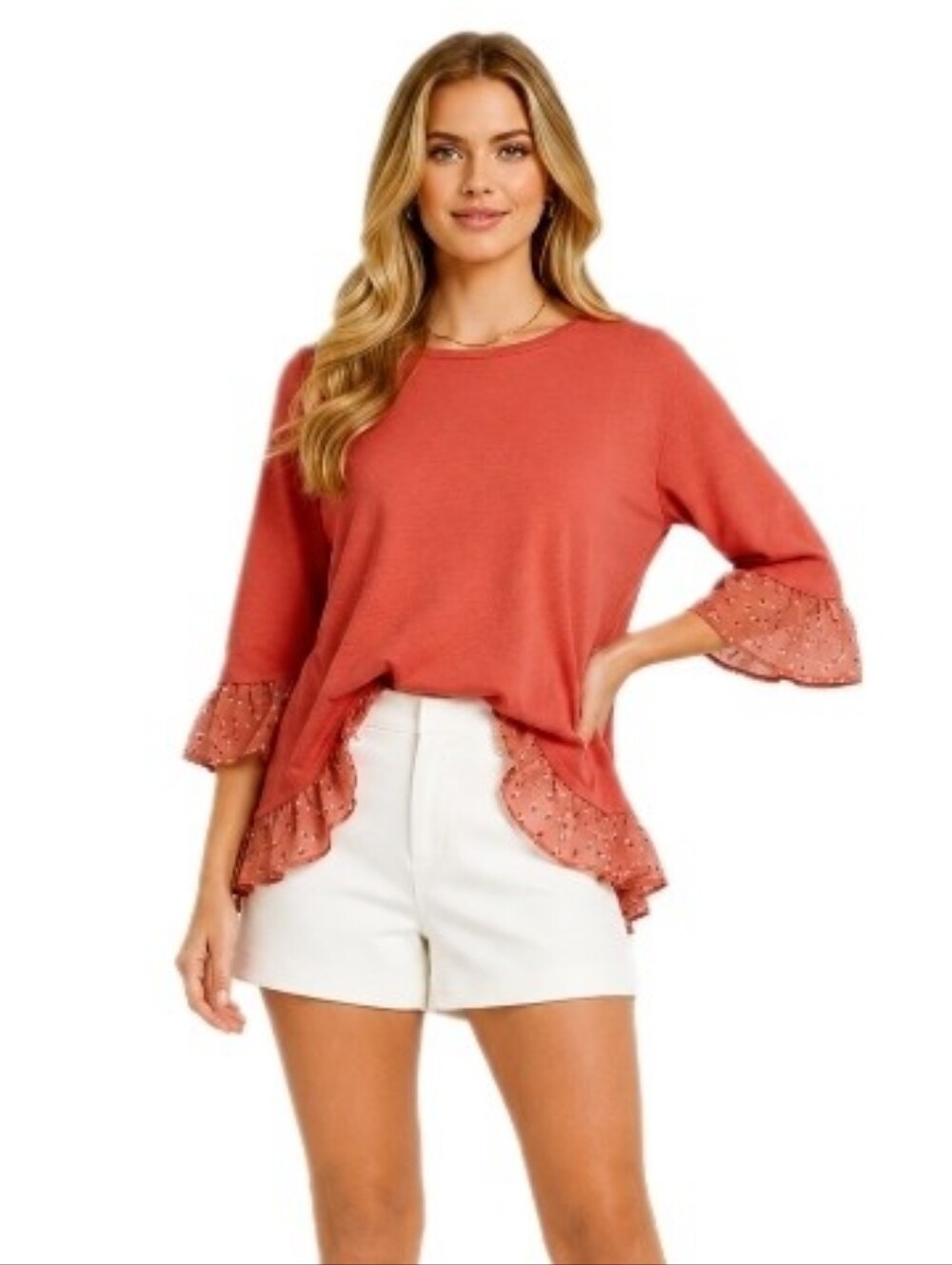 LOFT Coral Swiss Dot Ruffle Trim Blouse Bell Sleeve Feminine Top Medium
